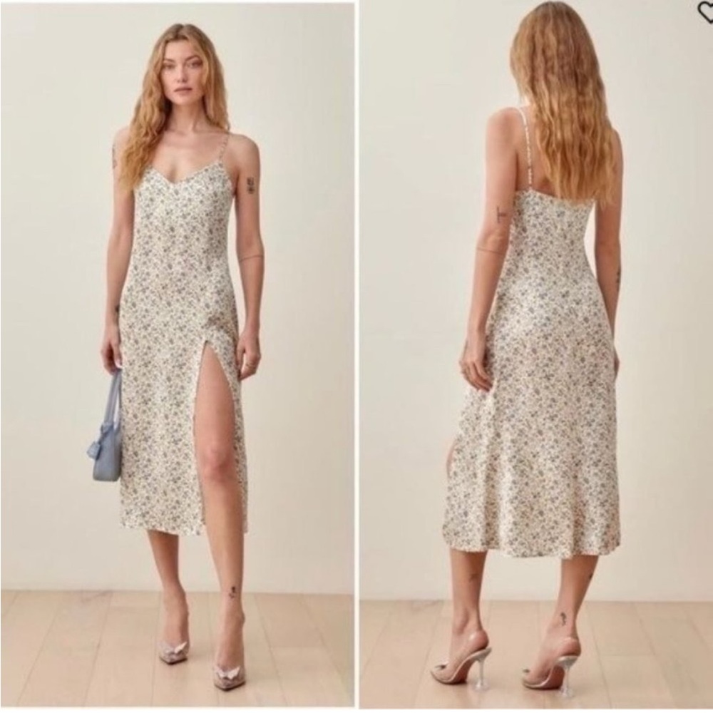 Reformation | Britten Midi Dress in Pixie Micro Floral Blue White New
